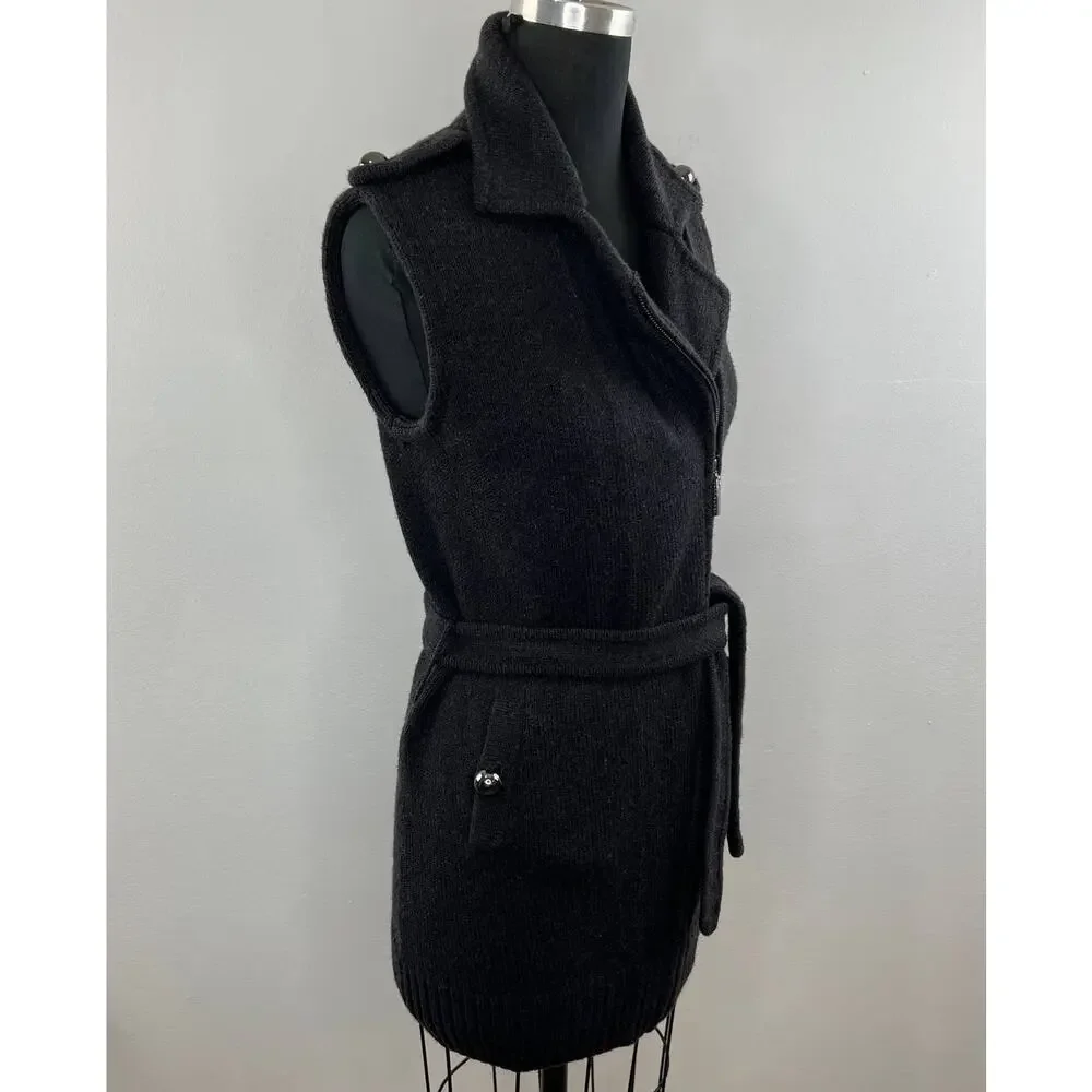 TORY BURCH Dark Gray Merino Wool Belt Full Zip Sleeveless Sweater Jacket Vest S
